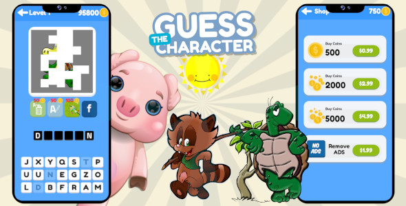 Guess The Character Construct 3 HTML5 Word Puzzle Game + 50 Levels + InApp Purchase + Admob Ads