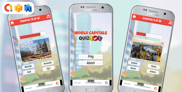 World Capitals Quiz Android Game with AdMob Ads + Ready to Publish