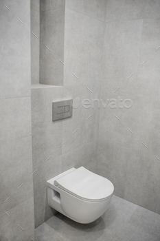 Lavatory with constructed-in bathroom in grey tones. The constructed-in bathroom is made as installation, all formula