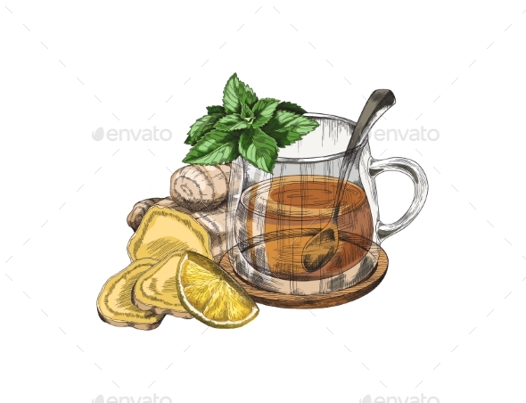 Hand Drawn Ginger Tea with Glass Cup Lemon Peaceable