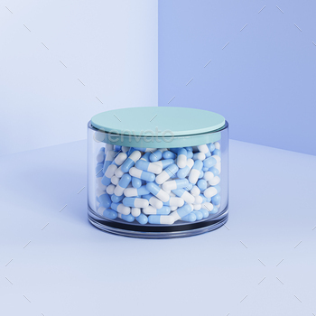 Tablet pills in glass with quilt on blue background