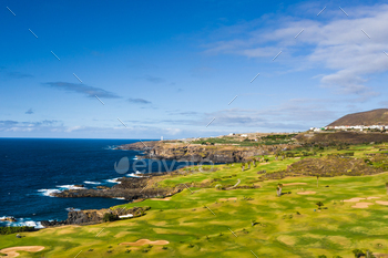 Golf direction shut to the Atlantic ocean in Tenerife, Spain, inexperienced Golf direction, tennis court docket within the