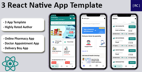 Physician Appointment Reserving + On-line Pharmacy + Provide Boy App Template in React Native | 3 Apps