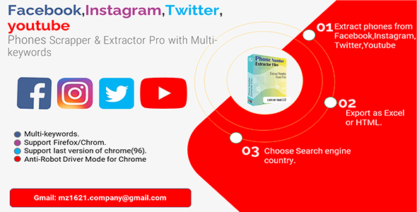 Facebook,Twitter,Instagram,Youtube Phones Extractor Knowledgeable with multi-key phrases