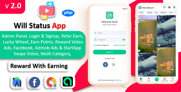 Will Video Dwelling App | Dwelling App with Reward | Facebook & Admob & StartApp Commercials | With Admin Panel