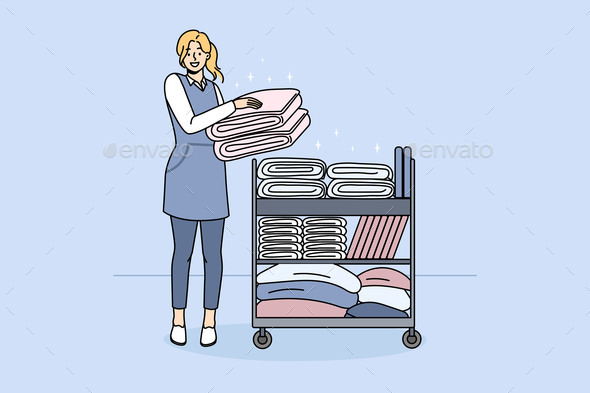 Smiling Housekeeper with Trolley with Aesthetic Towels