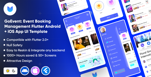 GoEvent: Occasion Booking Administration | Occasion Tickets | Live performance | Flutter Android + iOS App UI Template