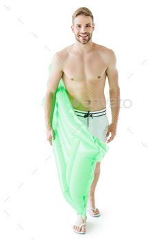 younger man in swimwear with inexperienced inflatable mattress, isolated on white