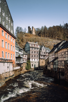 Used medieval half of timbered homes of Monschau, Germany