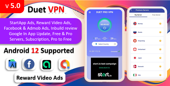 Duet Pro VPN App | Secure VPN App & Fast VPN | Subscription | StartApp Ads | Facebook & Admob Ads