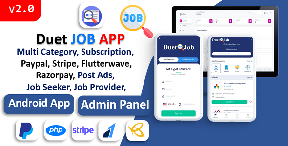 Duet JOB App | JOB Listing App | Fee Gateways | Membership Belief | Advertisements Integrated | Admin Panel