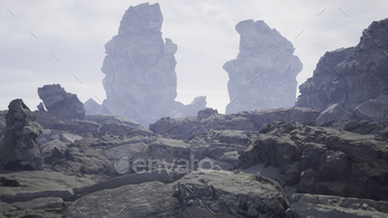 3D background with rocky landscape. Invent. Desolate rocky landscape of mountains. Mountains with