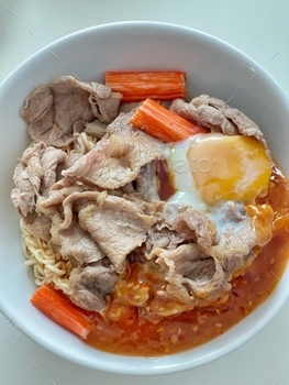 Egg noodle with crimson roast pork (Chinese noodles) on white background