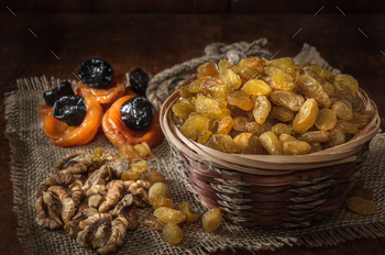 raisins in a basket and other dried fruits