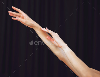 Girl, palms or ballet dance on dim background in theatre, studio or theater stage coaching perfo