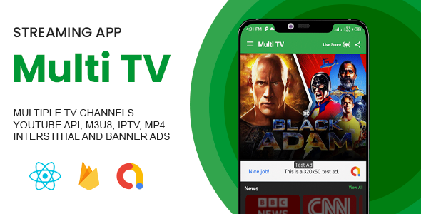 Multi TV Are living Streaming App with IPTV, m3u8 & Youtube Player (admob & facebook adverts)