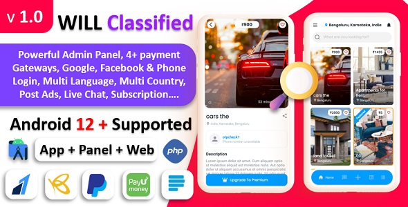 Will Classified – Classified App | Classified with Google, Fb & Phone Login | With Admin Panel