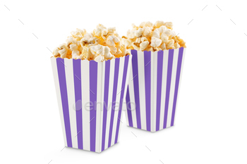 Two Red White Striped Carton Buckets With Tasty Cheese Popcorn, Isolated On White Background