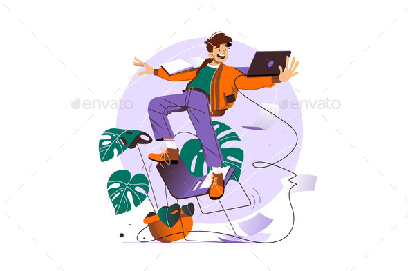 Man Balancing on Chair with Laptop