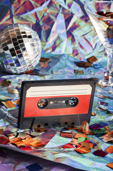 outmoded cassette tape, disco ball and cocktail glass on crumpled neon background.retro vogue