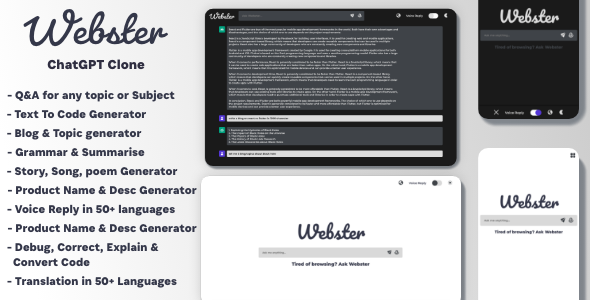 Webster – ChatGPT Clone Text to Code Q&A Blog Generator Grammar Summarise Translate search engine optimization Net page Builder