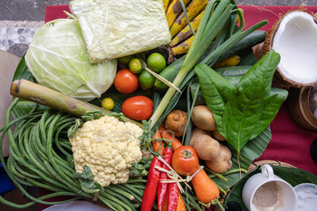 High down stare of vegetable substances for a Balinese cooking class