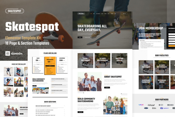 Skatespot – Skateboard Neighborhood & Skate Park Elementor Professional Template Equipment