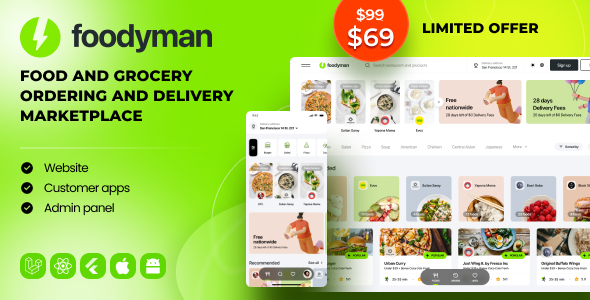 Foodyman – Multi-Restaurant Meals and Grocery Ordering and Delivery Market (Internet & Customer Apps)