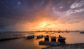 Motorboats parked on the water by the water with sunset and a metropolis considered within the background