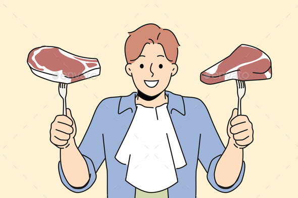 Smiling Man with Meat Steaks in Hands