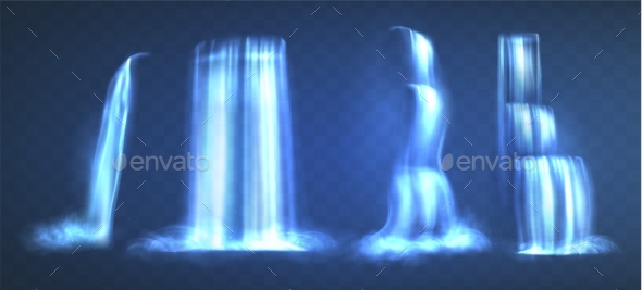 Realistic Blue Waterfalls Falling From Mountains