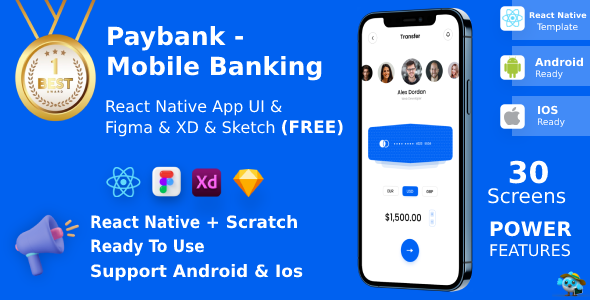 Mobile Banking App | UI Bundle | ReactNative | Figma + Sketch + XD FREE | PayBank