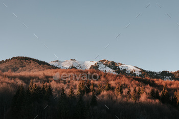 Landscape of a winter panorama with misty mountains