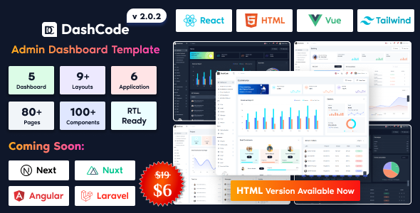 DashCode – React, Vuejs, HTML,Tailwind Dashboard Template