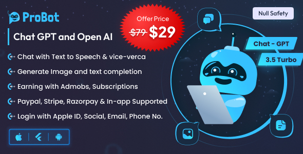 ProBot – ChatGPT | Admob Ready | Subscription | Initiate AI Chat, Writing Assistant & Image Generator