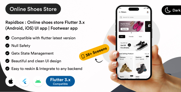 Rapidbox : Online footwear retailer Flutter 3.x (Android, iOS) UI app | Sneakers app templates