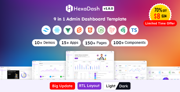 HexaDash – Admin Dashboard Template | Tailwind, React, Svelte, Vue, Laravel, Nodejs, Django & HTML