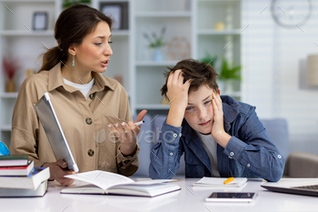 Finding out at home, home teacher woman explaining school fabric to boy student, home school sitting