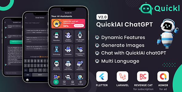 QUICKL – ChatGPT Flutter Paunchy Software With ADMOB | Subscription Conception