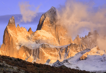 The height of Mount Fitzroy at destroy of day. Los Glaciares Nationwide Park.  El Chalten. Andes. Argentina