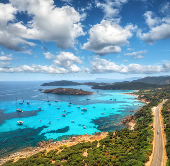 Aerial gaze of luxury yachts on blue sea at sunny day in summer season