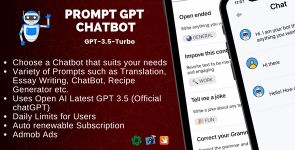 PromptGPT for IOS – AI Multi Chatbot in step with ChatGPT GPT 3.5 and OpenAI | IOS Swift Chunky Applicatio