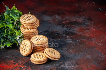 Top peek of delicious cookies organized in various kinds and flower on the ethical aspect on mix colors