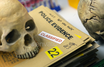 Cranium grownup particular person in assassinate investigation in a forensic laboratory, conceptual image