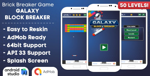 Galaxy Block Breaker – Brick Breaker Recreation Android Studio Challenge with AdMob Adverts + Ready to Post