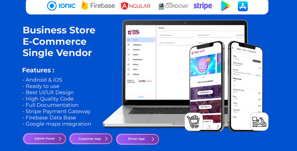 PixelShop ready to utilize Ionic cell plump e-commerce app with firebase backend (iOS/Android)