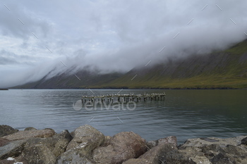 sea gulls on a injurious pier within the water with spectacular cloud formation within the space