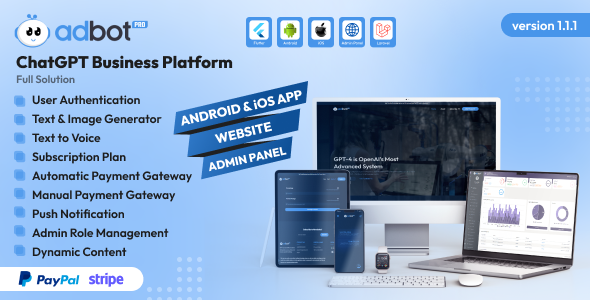 AdBotPro – ChatGPT Commercial Platform Web web page | Android-iOS App | Admin Panel