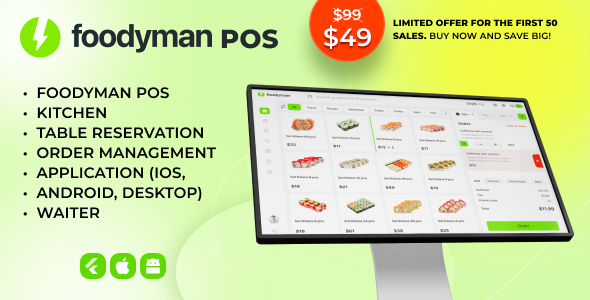 Foodyman Single POS + Kitchen + Table Reservation + Waiter Utility (iOS, Android, Desktop)