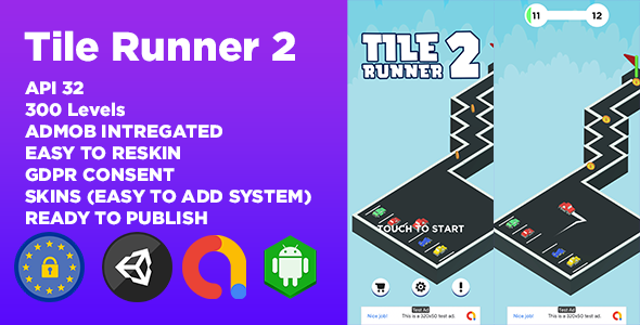 Tile Runner 2 (300 Ranges + Solidarity Game Template + Admob Commercials + GDPR Consent)